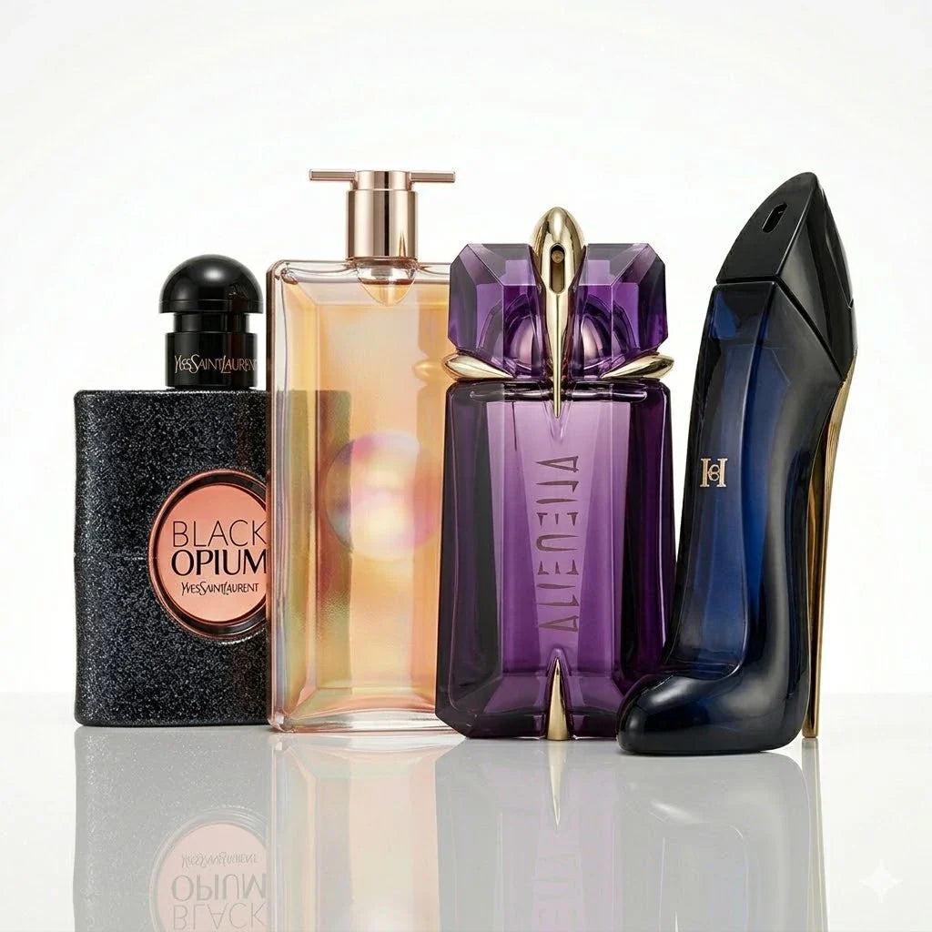 Set od 4 parfema | YSL Black Opium, Lancôme Idôle, Mugler Alien, Carolina Herrera Good Girl.